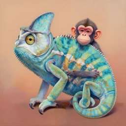 painting of hybrid between owl & chameleon! & ( ( ( ( monkey ) ) ) ), intercrossed animal, by mattias adolfsson, by tiffany bozic, cold hue's, warm tone gradient background, concept art, single object scene, beautiful composition, digital painting