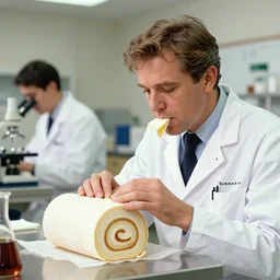 chemists in white coats are eating a giant roll, jean giraud