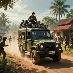 a militarized police vehicle riding through a kerala village, troops searching the area, furious action scene, an epic fantasy, dramatic lighting, cinematic, establishing shot, extremely high detail, photorealistic, cinematic lighting, tending on artstation, solarpunk, matte painting, octane render, by simon stalenhag, shadow of the tomb raider, aesthetic