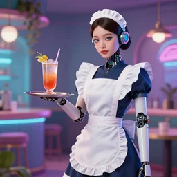retrofuturistic style, robot maid serving a drink