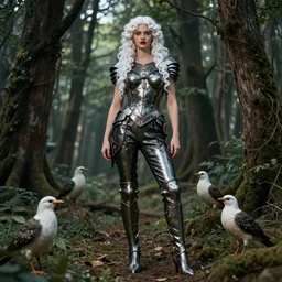 of the ancient roman goddess of wisdom and war, with red lips, with curls of long white hair, standing in the middle of the forest and birds, in a leather jumpsuit by lee alexander mcqueen, iron armor, heels very beautiful style, photorealism, edgard maxence 8 k