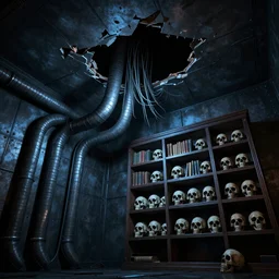 creepy low angle shot of a 3 d metal room with large tubes and cables coming out of a hole in the broken ceiling and a bookshelf filled with skulls on the back wall, blue light, dramatic lighting, moody lighting, dark colors, golden ratio, rule of thirds, environmental art, environmental design, cinematic low angle, dutch tilt, 8 k, realistic lighting, realistic shading, octane render