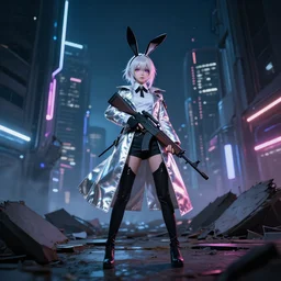 anime girl with bunny ears wearing a long reflective coat holding a rifle standing in a futuristic ruined city at night, award winning photograph, in the style of arknights, gaussian blur, 4 8 mm lense, long exposure, wide angle, neon lighting, rim light