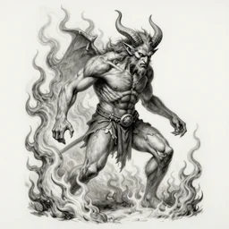 full body grayscale drawing by Gustave Dore and Anato Finnstark of horned muscled humanoid demon, 3/4 view from below, engulfed in swirling flames