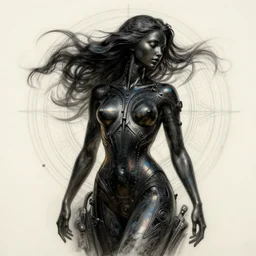 pencil drawing illustration, iridescent bodypaint, neobrutalistic, digital abstract sculpt of beautiful female body and black swirling latex acrylic portrait, black latex sculpt, minimalism, mechanical superstructure, strong wind, sacred geometry, 8 k, cinematic, magic hour, beautiful light, sculpture of carving marble, dark colors, filigree ornaments, digital painting, trending on artstation