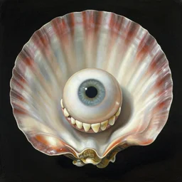 a round head making the facial expression of a shell containing a ball made out of eyes and teeth, artwork by james ensor and odlion redon - n 9