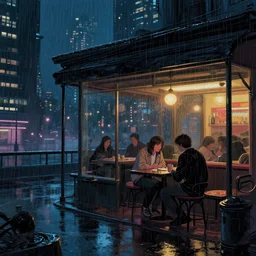 the last open cyberpunk cafe in the futuristic dark city during a rainy night by hopper, edward