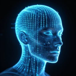 Head drawn in binary ,future, cult, techno, glowing , cyperpunk