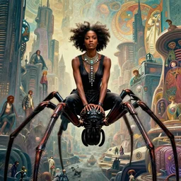 realistic detailed portrait movie shot of a beautiful black woman riding a giant spider, dystopian city landscape background by denis villeneuve, amano, yves tanguy, alphonse mucha, max ernst, ernst haeckel, kehinde wiley, caravaggio, jean delville, edward robert hughes, roger dean, cyber necklace, rich moody colours, sci fi patterns, dramatic, wide angle