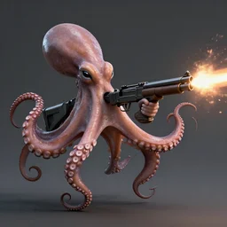 portrait of an octopus firing a machine gun, photorealistic rendered in unreal engine 5, amazing details