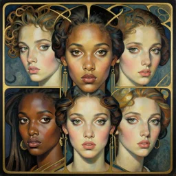 a streamline moderne, art nouveau, multi - ethnic and multi - racial portrait in the style of boris groh, and in the style of donato giancola, and in the style of charles dulac. intelligent, expressive, very large eyes. symmetry, ultrasharp focus, dramatic lighting, photorealistic digital painting, intricate, elegant, highly detailed, symmetrical.