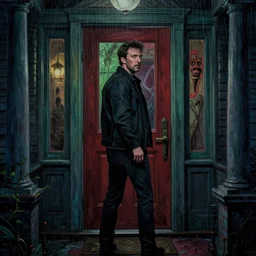 cinematic colorful horror artwork by artgerm, beksinski, mark brooks, stephen king ; real life full portrait of ben affleck standing at front entrance door looking back inside the house ; night rainfall outside ; haunting ominous scary, 8 k hdr, creepy intricate ; volumetric dramatic lighting, insanely detailed, haunting