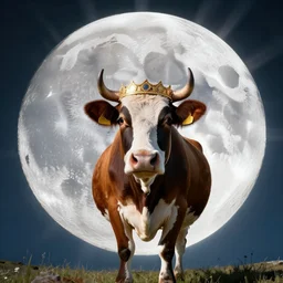 wide angle view, colored photo of a cow wearing circle crown on the moon, god rays, photorealistic, nikon z 1 4 - 2 4 f 2. 8 s, digital art, 8 k