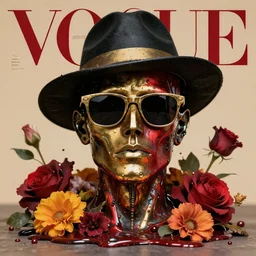 a head made out of melting metal, it is of black and golden and red color, it is wearing sunglasses and a hat, there are flowers all around it, vogue cover style, greg rutkowski style, demonic style, artgerm style