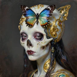 high resolution sharp focus extremely hyperrealistic horrifyingly beautiful 3 / 4 portrait oilpainting of bug lady of the skull butterfly portrait by michael hussar in style of michael hussar and rene lalique artnouveau ceramic effect gild strips like ali franco's paintings 8 k