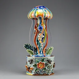 Studio Photograph of Beautiful intensely colorful Ceramic Sculpture Of colorful neon jellyfish on a pedestal, ceramic sculpture with dripping glaze  on a pedestal intricately carved with sgraffito Insects and the images of Tropical Flowers by Amedeo Modigliani by Robert Arneson by Paul Klee, Drippy Glaze  Bright Intense Colors shocking detail hyperrealistic trending on artstation
