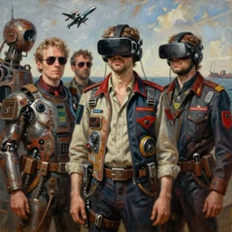 junky men, cybertronic gadgets and vr helmet, flesh + technology, biotechnology, rusty shapes, duty colours, piotr jablonski, mark maggiori, jeff dekal, norman rockwell, long shot, hyperrealistic oil painting on canvas, deep depth field, cinematic composition, hyper - detailed, hdr, 8 k, 4 k