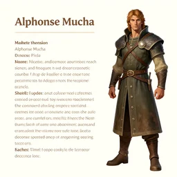 D&D character sheet by Alphonse Mucha. Full body illustration of character on right, text on left and top and bottom. Warrior character, wearing armor and holding a sword.