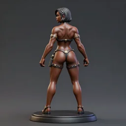 80mm resin detailed miniature of a beautiful muscular black female, clothed in worrier armor, brown skin, short dark hair, beautiful bone structure, symmetrical facial features, Product Introduction Photos, 4K, Full body, view from behind