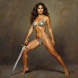A painting of Salma Hayek wearing a chainmail bikini and holding a sword , kneeing pose , by Boris Vallejo , Julie Bell , cinematic , concept character, full body, barefoot , trending on Artstation