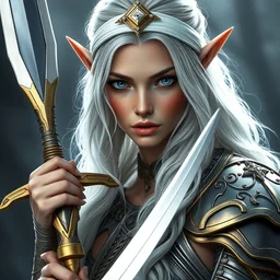 a fantast beauty detailed elf candice swanepoel, with a curved sword, platinum white wavy long hair, white headband in the front with diamonds, jewelry body armor in golden and silver colors, pointy ears, detailed face, epic masterpiece of cinematographic hyperrealism, realistic shaded lighting poster by craig mallismo, artgerm, jeremy lipkin and michael garmash, unreal engine