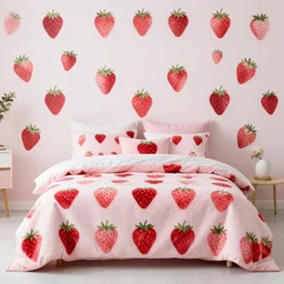 deisgner photography of bedroom themed to strawberry motif. bed has strawberry blankets. wall has strawberry pattern. furniture has strawberry motif. furniture is shaped like strawberries. carpet has strawberry motif. lighting has strawberry shapes.
