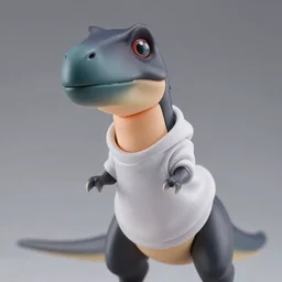 complete figure of trex wearing a comfy blouse, personification, tsurime eyes, tareme eyes, eyes by kon satoshi, ^. ^ eyes, dynamic pose, amiami, aniplex, kotobukiya, beautiful composition, 4 5 mm lens, focal length 2, hdr