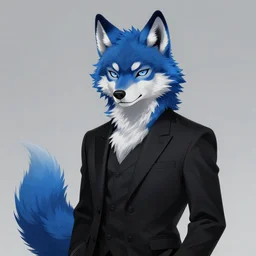 award winning beautiful portrait commission of a male furry anthro Blue wolf fursona with a tail and a cute beautiful attractive detailed furry face wearing stylish black cyberpunk clothes in a cyberpunk city at night while it rains. Character design by charlie bowater, ross tran, artgerm, and makoto shinkai, detailed, inked, western comic book art