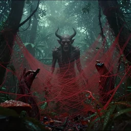 elder demons from the abyss in a misty tropical forest, red webs and fungus, found footage, vhs, intricate, detailed, film grain