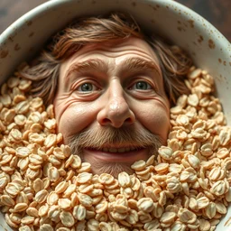 a bowl of oats with the face of john oates in it, john oates face, macro shot
