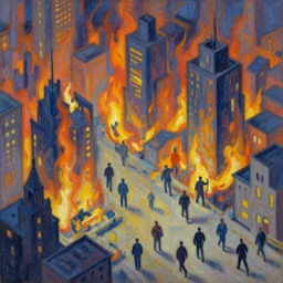 isometric view of people fleeing a burning metropolis impressionist painting