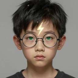 portrait of 1 7 - year - old boy thin face, black hair, green eyes, round glasses, scar on forehead as a bolt of lightning, intricate, elegant, glowing lights, highly detailed, digital painting, artstation, concept art, smooth, sharp focus, illustration, art by wlop, and greg rutkowski
