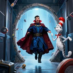 the third first image on the scattered absurdity server, dr strange and dr seuss, very pretty, photorealistic, portal hopping and time warping with reckless abandon, by Dan Mumford
