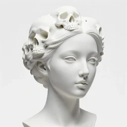 full head and shoulders, beautiful female porcelain sculpture by daniel arsham and raoul marks and james jean, smooth, all white features on a white background, delicate facial features, white eyes, white lashes, detailed white 3 d skulls on head