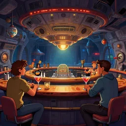 in a cocktail bar, inside a large spaceship, from a sierra point and click 2 d graphic adventure game, art inspired by thomas kinkade and mark keathley