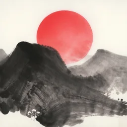 japanese ink painting of round red sun behind black mountains, sumi - e