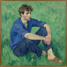 man sitting on grass, canvas, oil paint, artwork by henri matisse, detailed