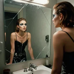 cinestill 5 0 d candid photographic portrait by stanley kubrick of a beautiful feminine man wearing black techwear skirt and glitter makeup looking in a broken bathroom mirror, cramped new york apartment, medium shot, retrofuturism cyberpunk cinematic, 8 k, hd, high resolution, 3 5 mm, f / 3 2, ultra realistic faces, intricate detail, clockwork orange