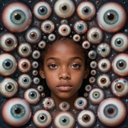 eyes!! a black girl!! with many eyes!, surreal art by colin christian and junji ito and mc escher and ian miller, faberge eyeballs, trypophobia! eyes, eyes everywhere, symmetry!, eyes!, ( hypnotic optical illusion )!, oleg suplyak, chet zar, highly detailed, infinite intricacy