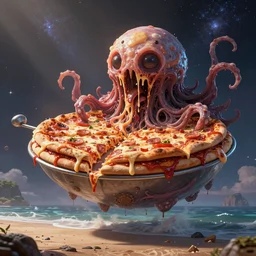beautiful digital fantasy illustration of a layered pizza dream boat floating in the cubic space of cosmic terror, blobfish made of pizza on the beach, but it is a horrible mutated frightening gross pizza hybrid creature, realistic, detailed, cinematic, hyperrealism, hyper realistic render, ultra detailed, octane, 3 d, light shining through, by petros afshar and chiho aoshima