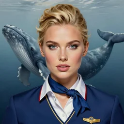 a beautiful fashion blond flight attendant, symmetrical, maximalist, art by ilya kuvshinov, rossdraws, whale in background, sharp focus, art by wlop and artgerm, extreme detail, detailed drawing, hyper detailed face