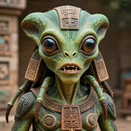 portrait of a mayan alien!! creature, martian - like face, wide giant eyes, green skin, spider - like mouth, zoom out, ritualisic creature, detailed face, clear eyes, clear mouth, aztec tatoos, mayan body painting, tenochtitlan, looking towards the camera. high details, demigod.