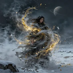 streams of smoke and snow swirl obscure a woman, swirling flashes of gold and silver light, wind - blown sheets, cinematic lighting, fantasy painting, distant planet