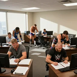 professional wrestlers scattered around a small office room and all of them are helping do taxes and accounting, WWE, wrestlers, office room, bright lighting, messy desks, digital photo
