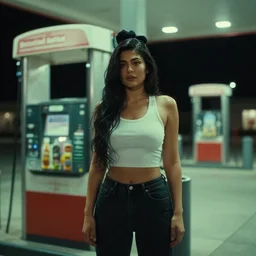 a pov, color cinema film still of kylie jenner standing at a gas station, ambient lighting at night, from better call saul ( 1 9 9 9 ).