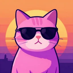pink and purple vaporwave vector art of a cool cat wearing sunglasses, orange sunset in the background