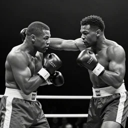 mike tyson fighting mike tyson in a boxing match, black and white, 1 9 4 0 s, grain, old photo