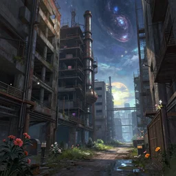 a beautiful detailed render of industrial architecture unfinished building alley building city by frederick mccubbin, flowers morning sun mercury water san andreas tokyo tundra retrowave anime darkacademia at night postcyberpunk galactic azeroth, archdaily, wallpaper, highly detailed, trending on artstation.