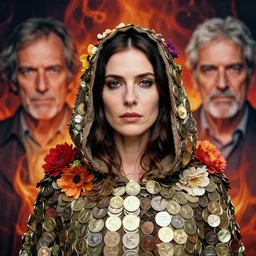 closeup portrait of a woman wearing a cloak made of coins and flowers, standing in hell, by Annie Leibovitz and Steve McCurry, natural light, detailed face, CANON Eos C300, ƒ1.8, 35mm, 8K, medium-format print