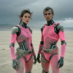 cinestill hasselblad 2 0 0 mm, f 1. 2, extreme motion blur, candid photographic portrait by robert capas of 2 cyborgs wearing rugged neon pink mesh sportswear in treacherous sand, burning man nevada, modern cyberpunk moody depressing cinematic, desert storm, ultra realistic faces, ex machina